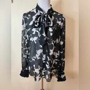 Jason Wu navy blue white floral neck tie sheer flowy button front blouse 14